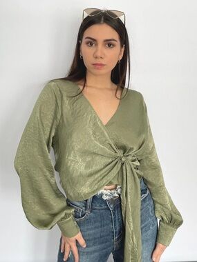 emory park Olive Green Tie-Front V-Neck Blouse